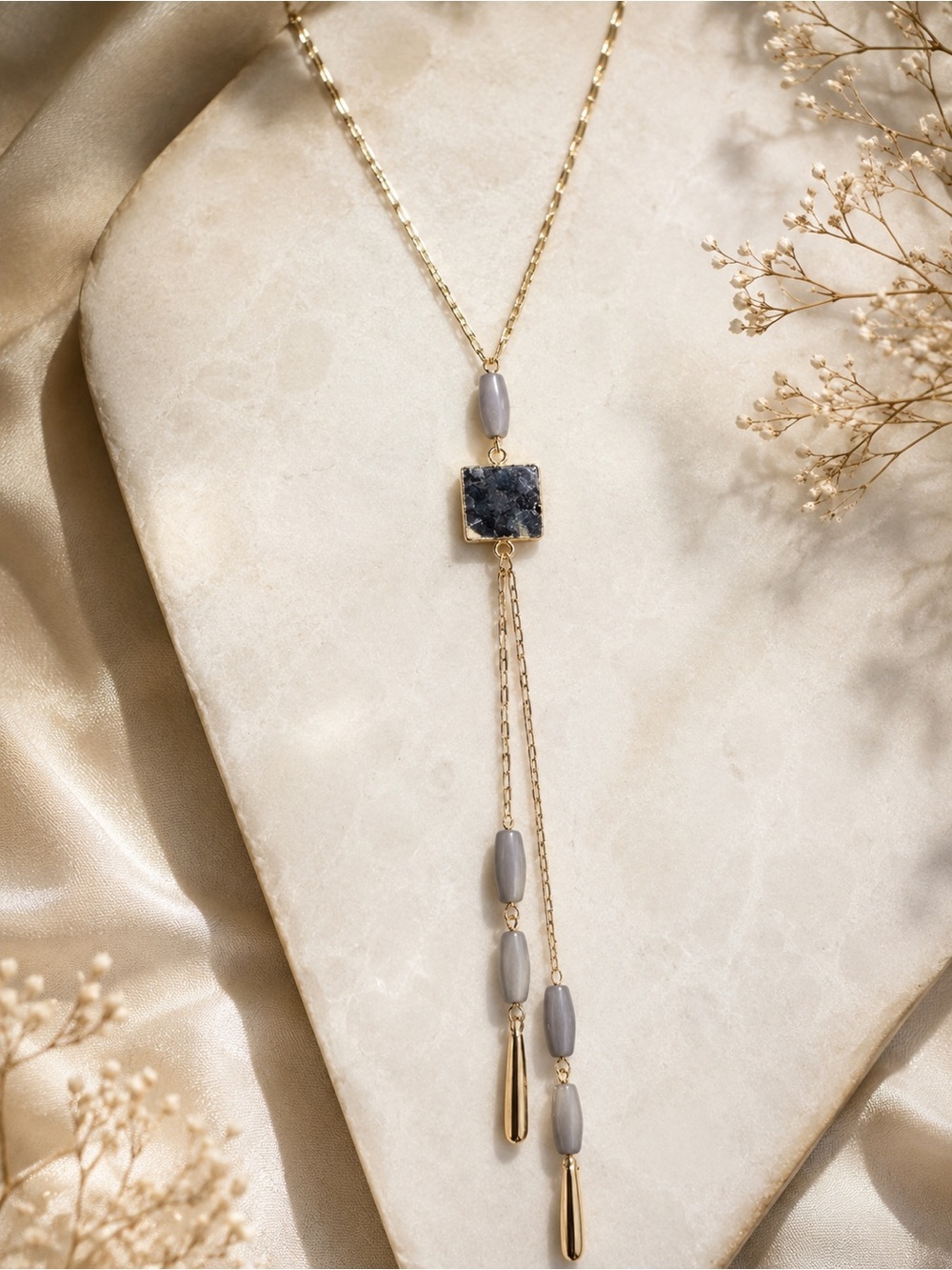 NEW Semi-Precious Gemstone Lariat Style Gray & Goldtone Necklace
